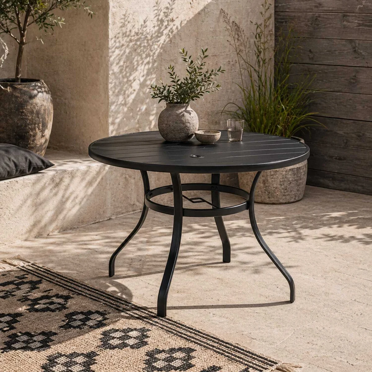 Yomimi 4-Seater Black Round Outdoor Dining Table - Steel, Slatted Top, Parasol Hole – image 2
