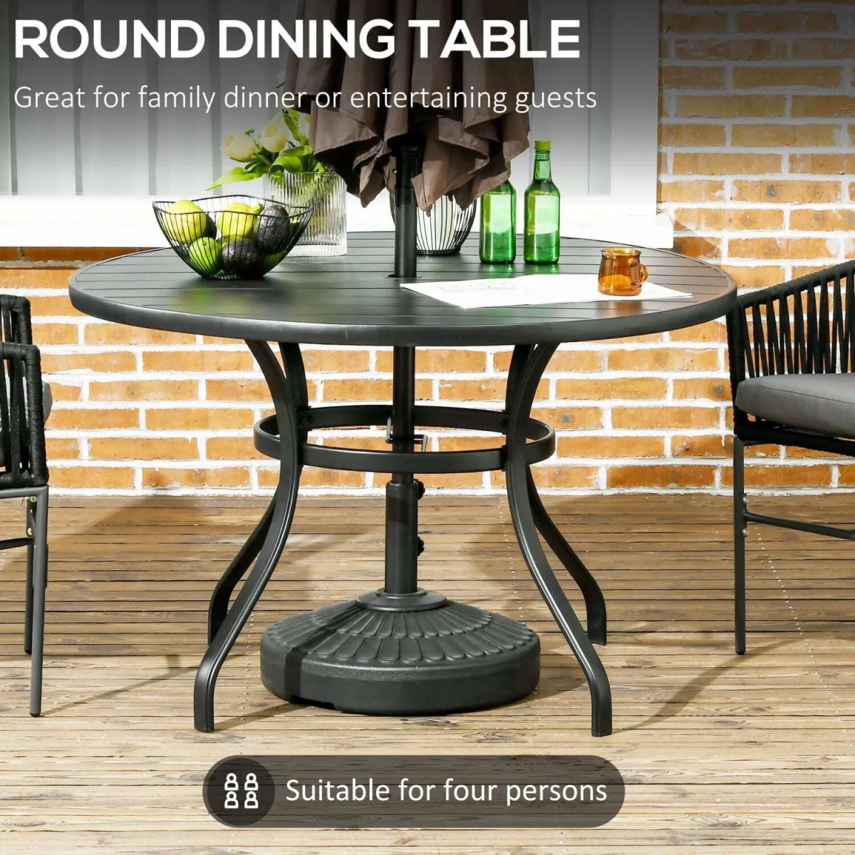 Yomimi 4-Seater Black Round Outdoor Dining Table - Steel, Slatted Top, Parasol Hole – image 4