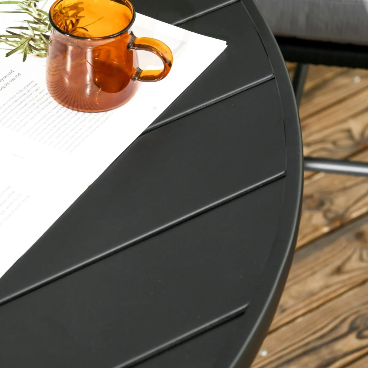 Yomimi 4-Seater Black Round Outdoor Dining Table - Steel, Slatted Top, Parasol Hole – image 7