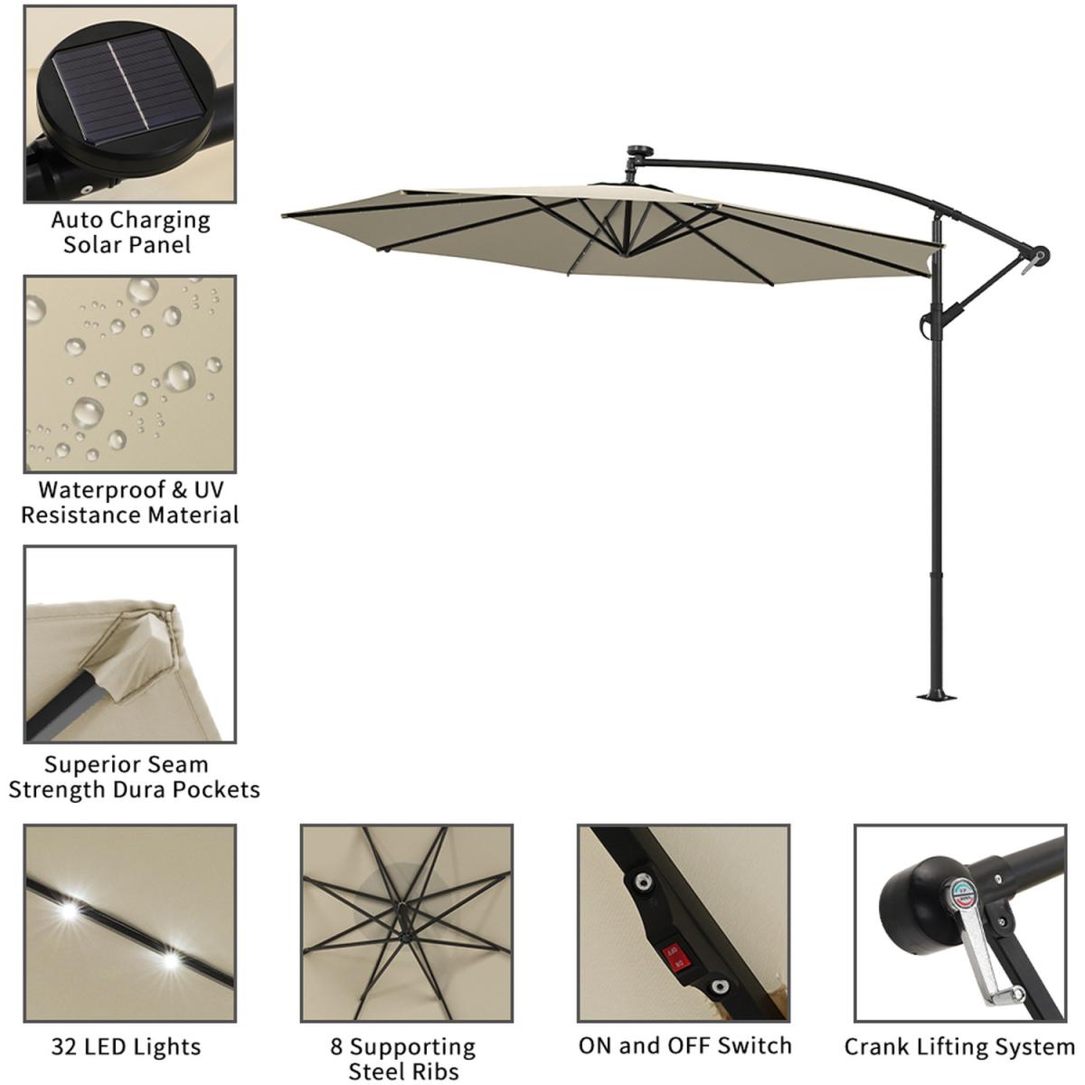 32 Solar Lights Parasol Garden Umbrella with Cross Base - Beige – image 6