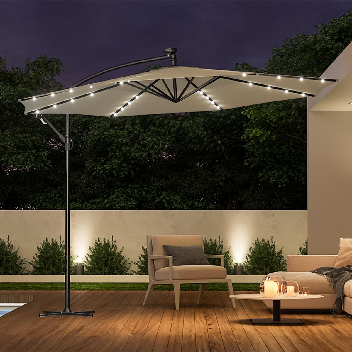 32 Solar Lights Parasol Garden Umbrella with Cross Base - Beige – image 1
