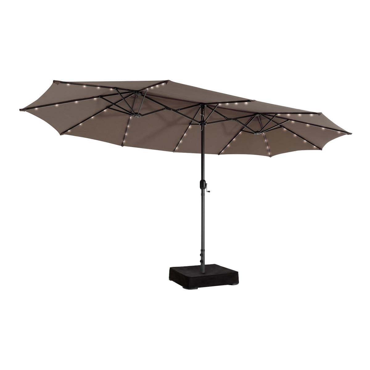 Outdoor Parasol Large Sun Umbrella with LED Lights and Base - Brown