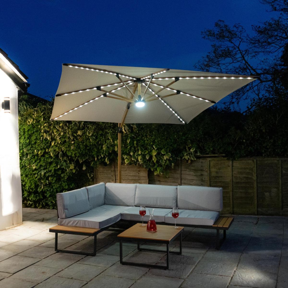 Athena Roma Square Parasol Wooden Umbrella With LED Lights - Beige