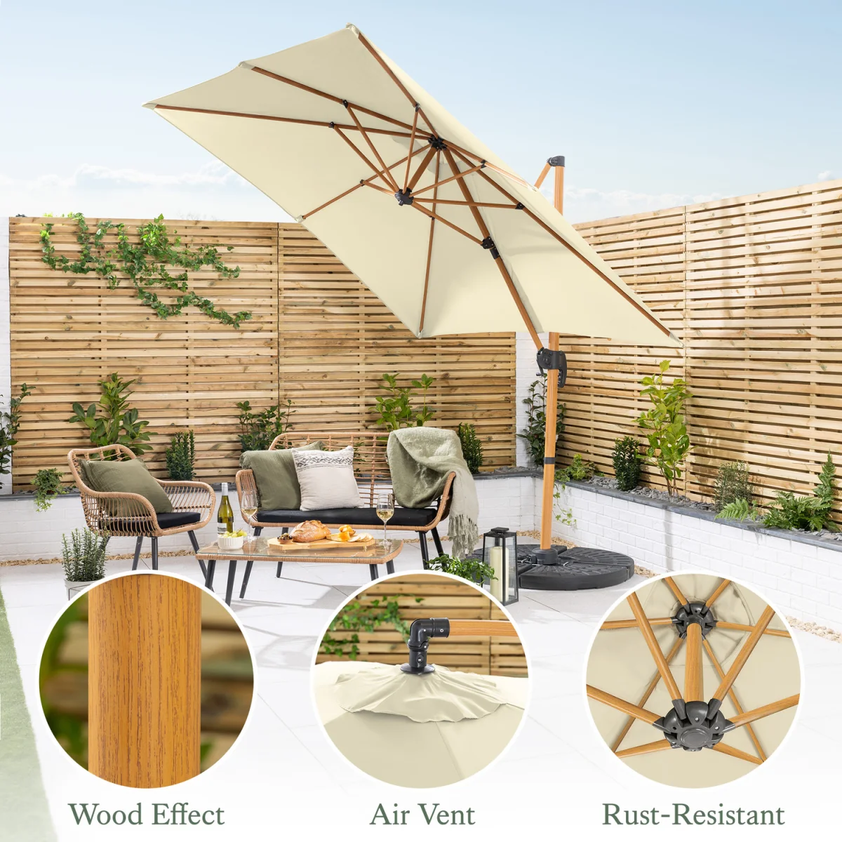 Christow Roma Wood-Effect Cantilever Parasol - 2.5m - Cream – image 2