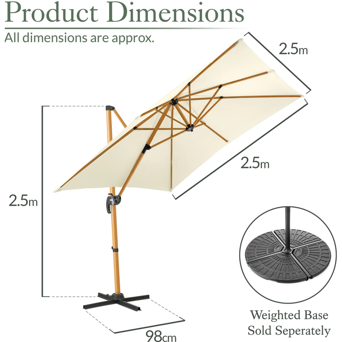Christow Roma Wood-Effect Cantilever Parasol - 2.5m - Cream – image 5