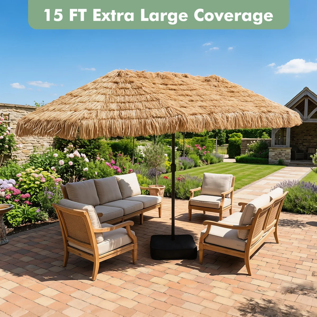 Oversize Outdoor Thatched Parasol with Parasol Base – image 3
