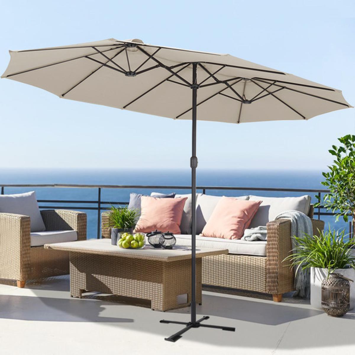 Large Double side Garden Parasol with Foldable Cross Base - Beige