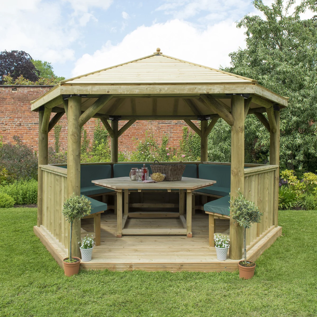 Hexagonal Garden Gazebo - Furnished - Green / 4 Metre / Timber