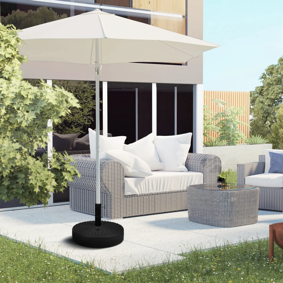 Round Umbrella Parasol Base with Rattan Effect, Plastic Parasol Stand - Black – image 3