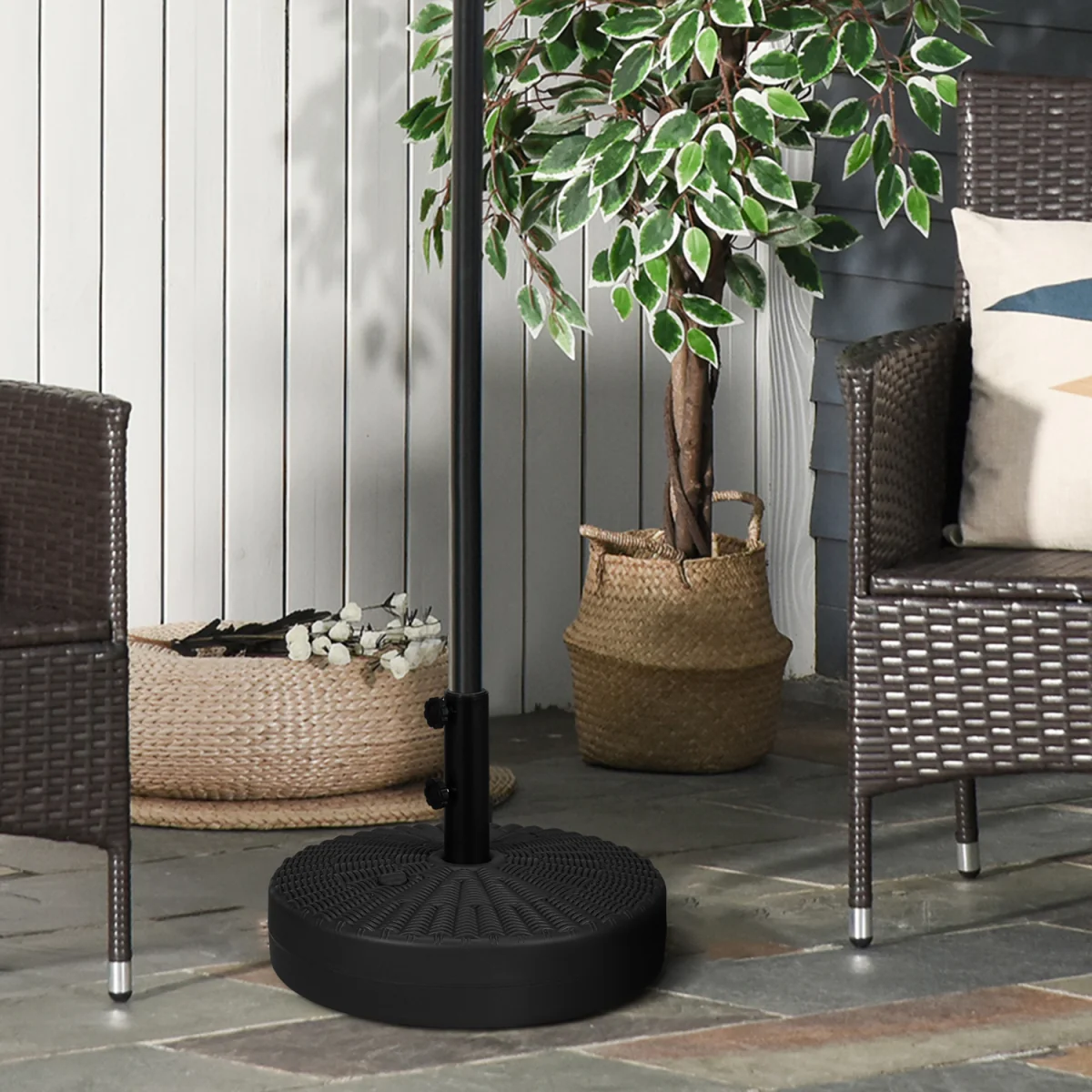 Round Umbrella Parasol Base with Rattan Effect, Plastic Parasol Stand - Black – image 1
