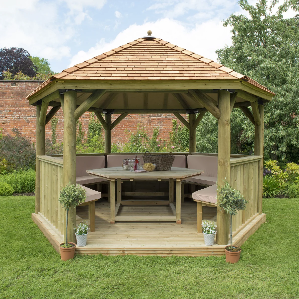 Hexagonal Garden Gazebo - Furnished - Cream / 4 Metre / Cedar