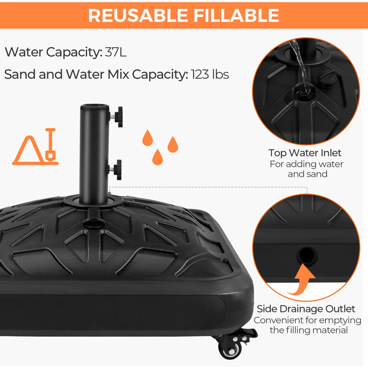 Yaheetech 37L Capacity Fillable Patio Parasol Base - Black – image 4