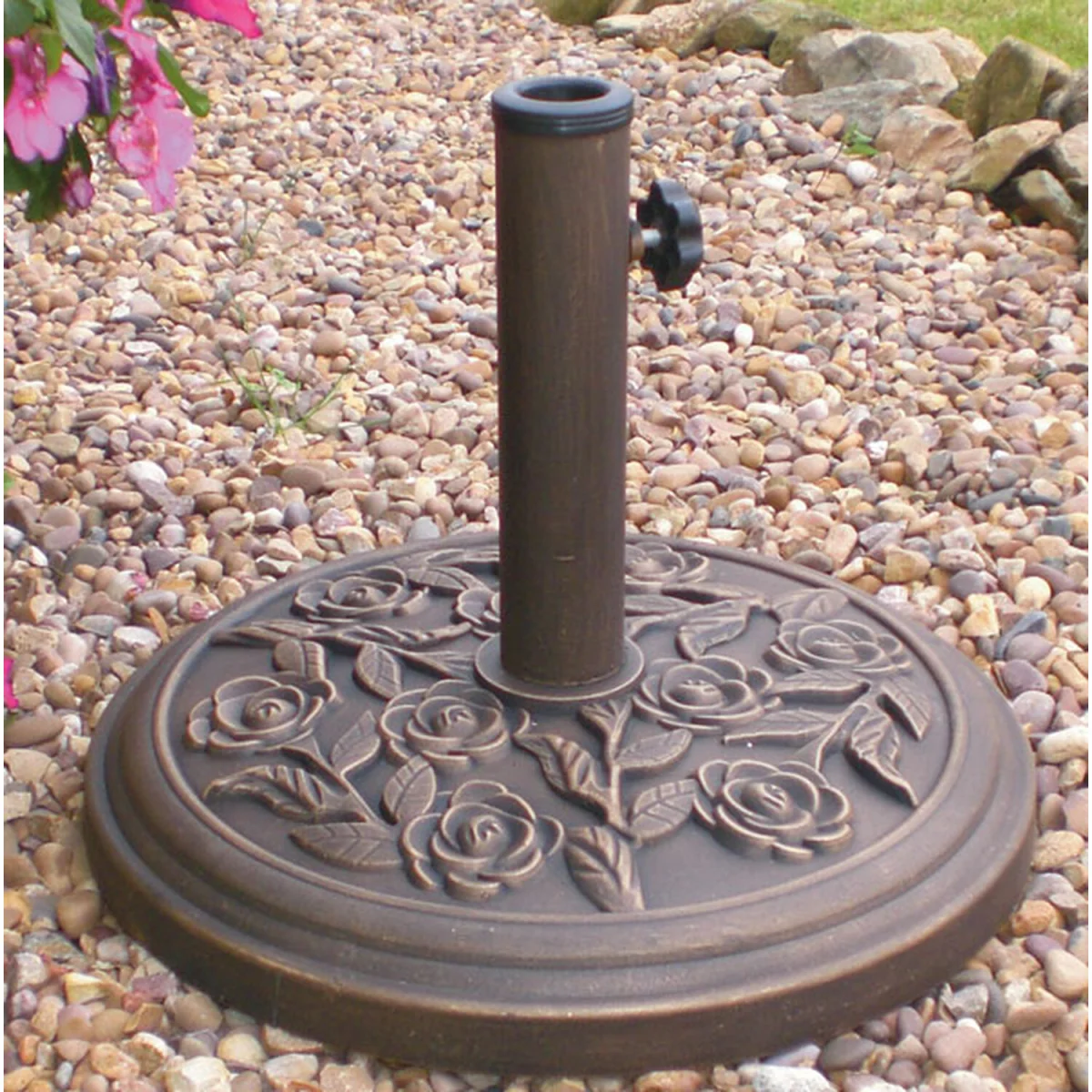 9kg 45cm Dia. Cast Iron Effect Garden Parasol Base - Bronze with Rose Design - Black – image 2