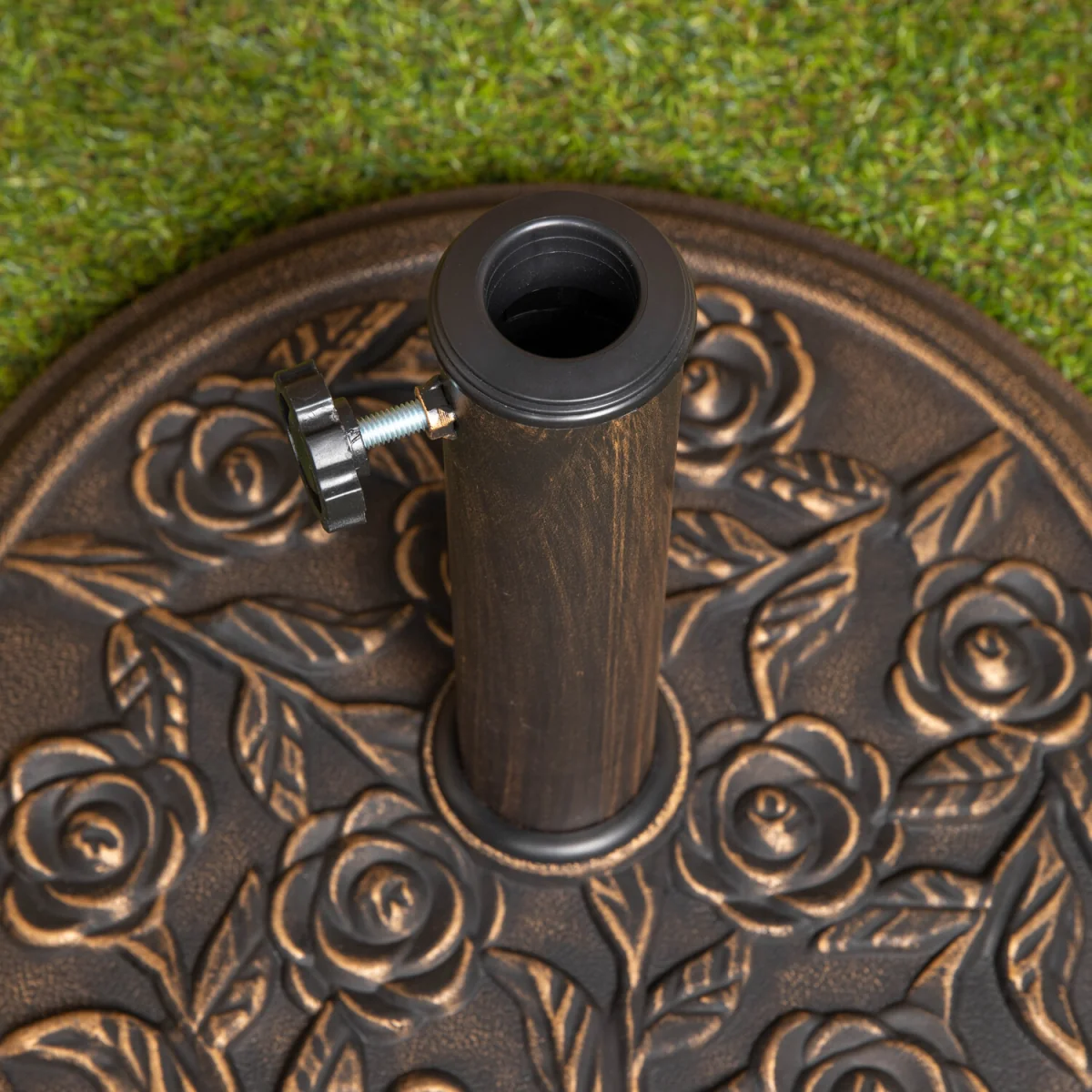 9kg 45cm Dia. Cast Iron Effect Garden Parasol Base - Bronze with Rose Design - Black – image 6