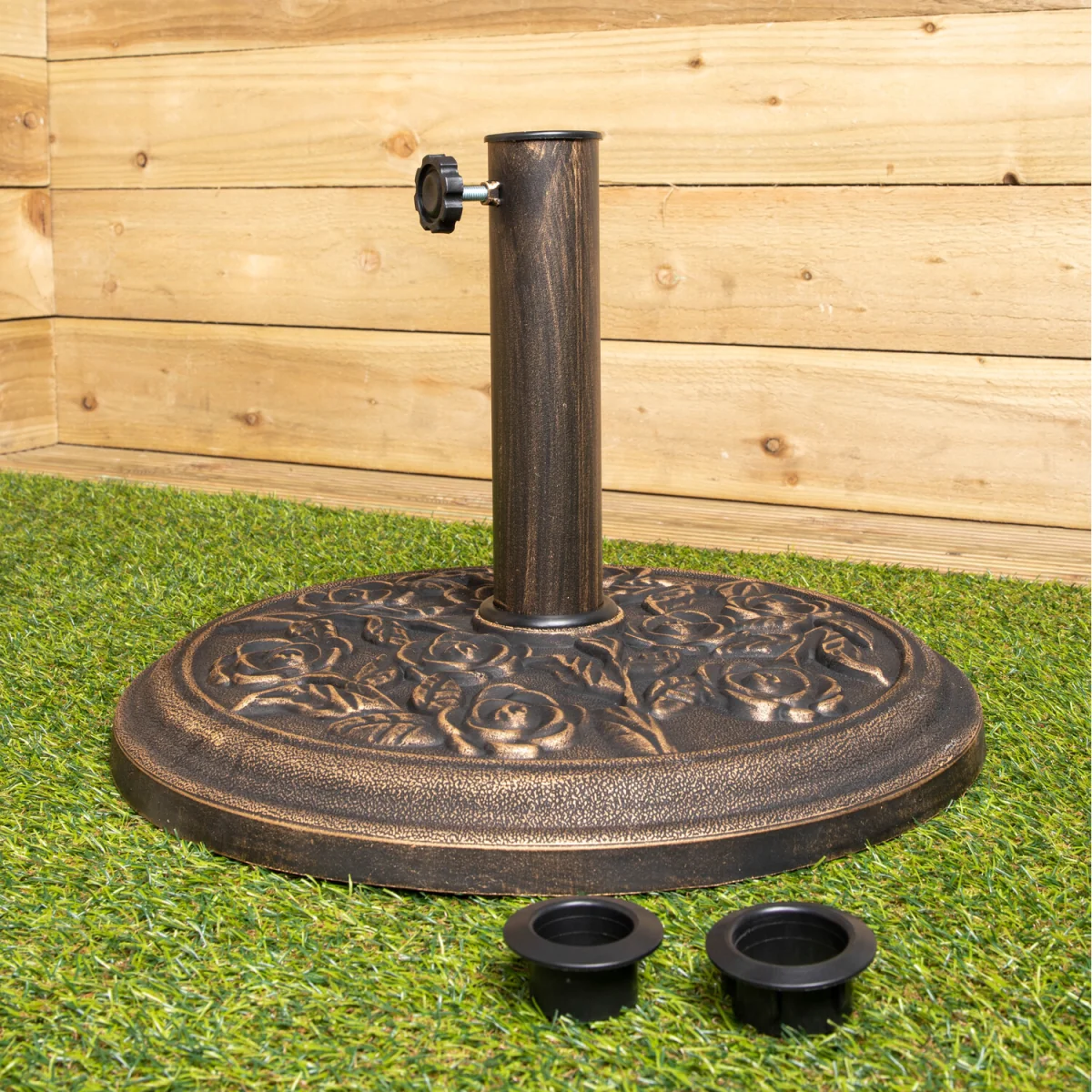9kg 45cm Dia. Cast Iron Effect Garden Parasol Base - Bronze with Rose Design - Black – image 7