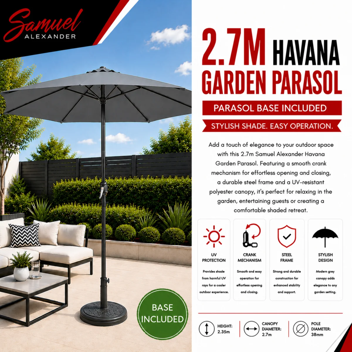 2.7m Havana Garden Patio Parasol with Crank Handle in Grey with 9kg Base Included - Grey – image 7