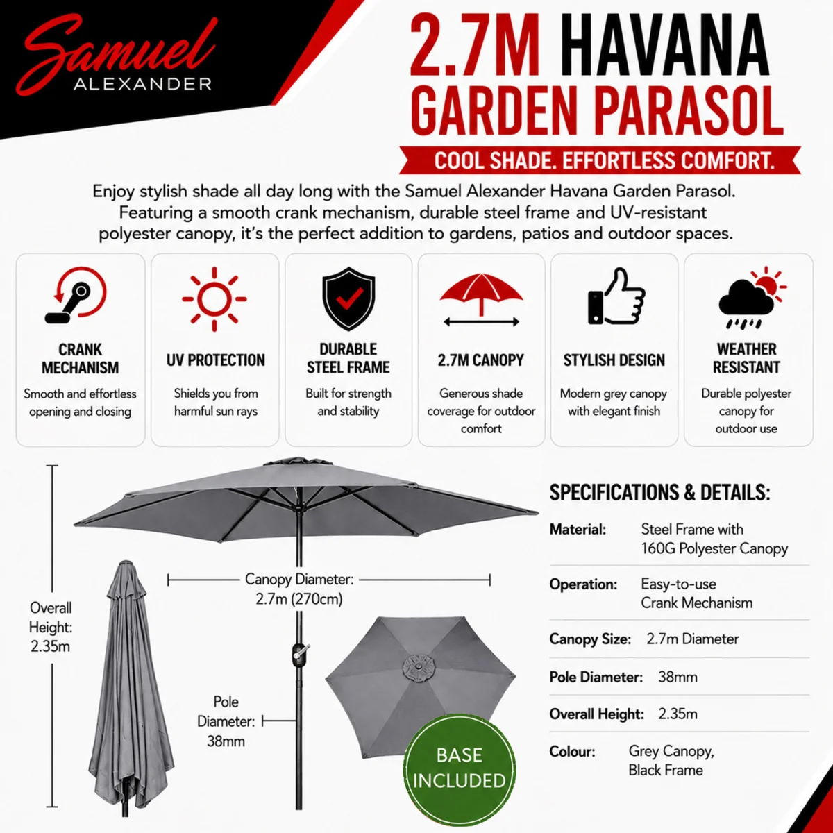 2.7m Havana Garden Patio Parasol with Crank Handle in Grey with 9kg Base Included - Grey – image 8