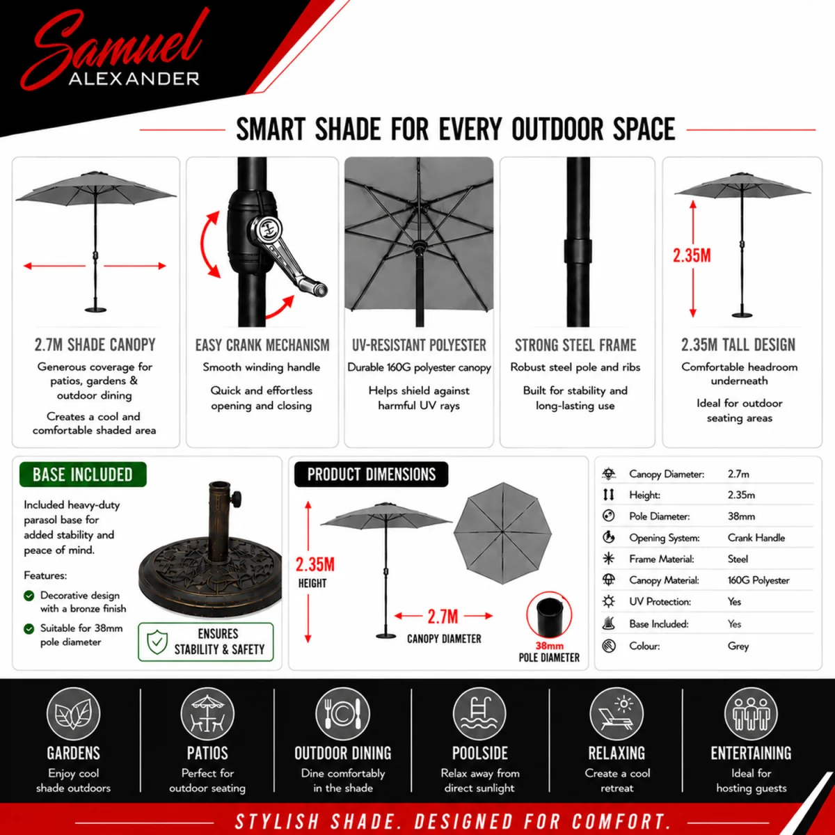 2.7m Havana Garden Patio Parasol with Crank Handle in Grey with 9kg Base Included - Grey – image 9