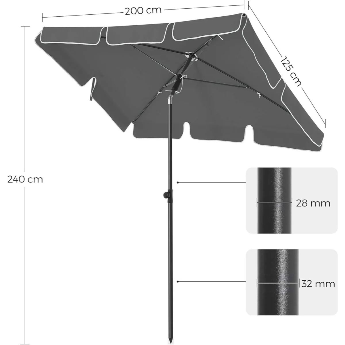 Rectangular Balcony Parasol Umbrella with Adjustable Tilt Mechanism and Weather-Resistant Canopy - Grey – image 3