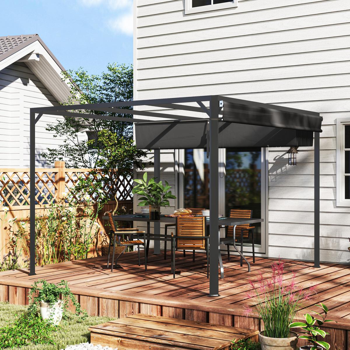 Outsunny 3 x 3(m) Garden Retractable Pergola with Roller Shade - Dark Grey