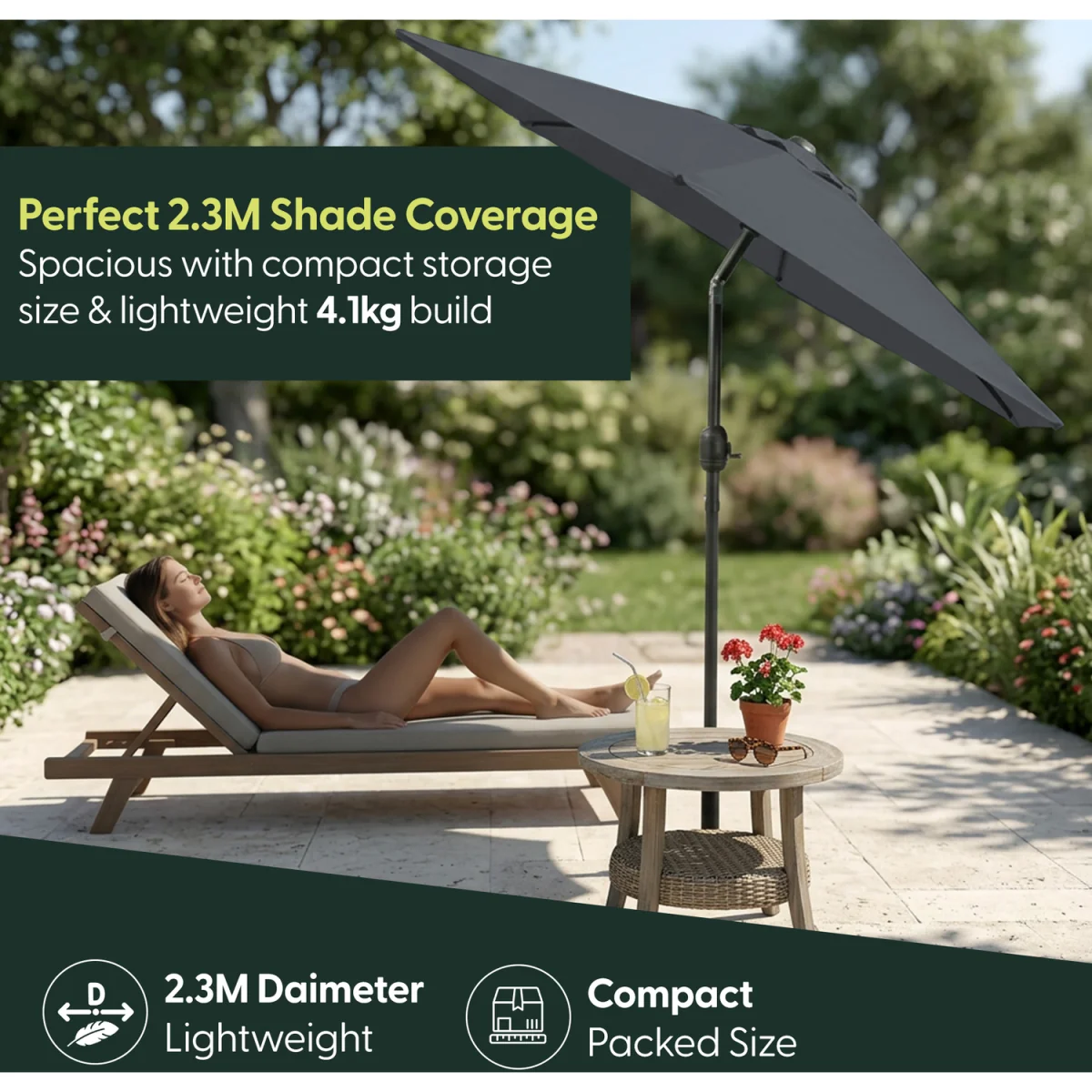 Keplin 2.3M Tilting Parasol Umbrella – Crank & Tilt Sunshade with Protect Cover – image 6