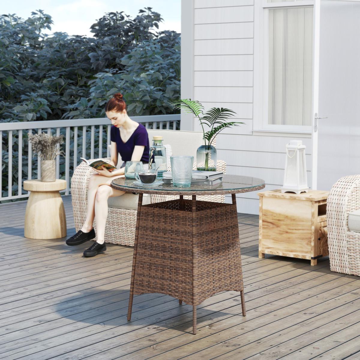 Outsunny Rattan Garden Outdoor Table with Umbrella Hole - Brown