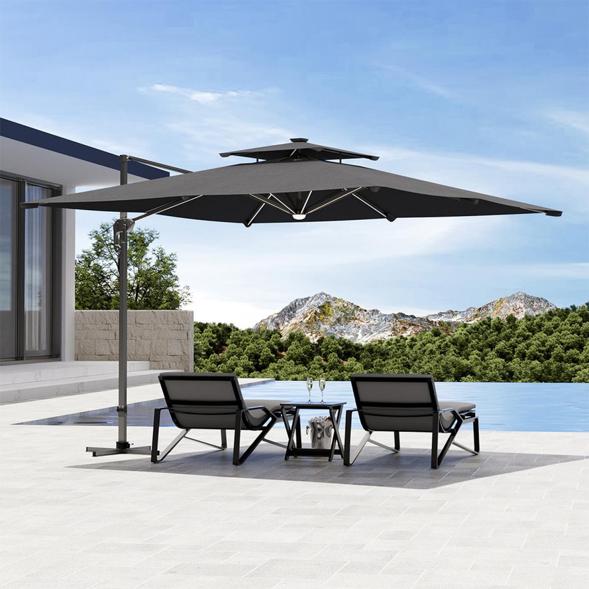 Outdoor Garden Large Cantilever Parasol with Solar Lights - Dark Grey