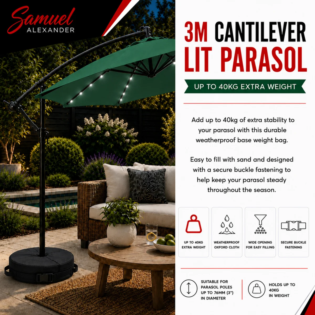 Solar Powered Cantilever Lit Parasol with Crank Handle & White LED Lights in Green with Base Bag - Green – image 8