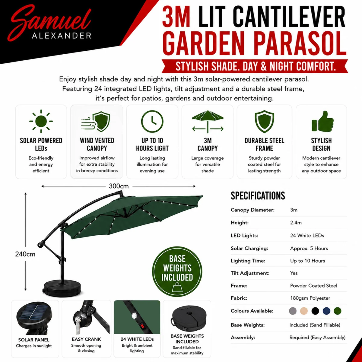 Solar Powered Cantilever Lit Parasol with Crank Handle & White LED Lights in Green with Base Bag - Green – image 10
