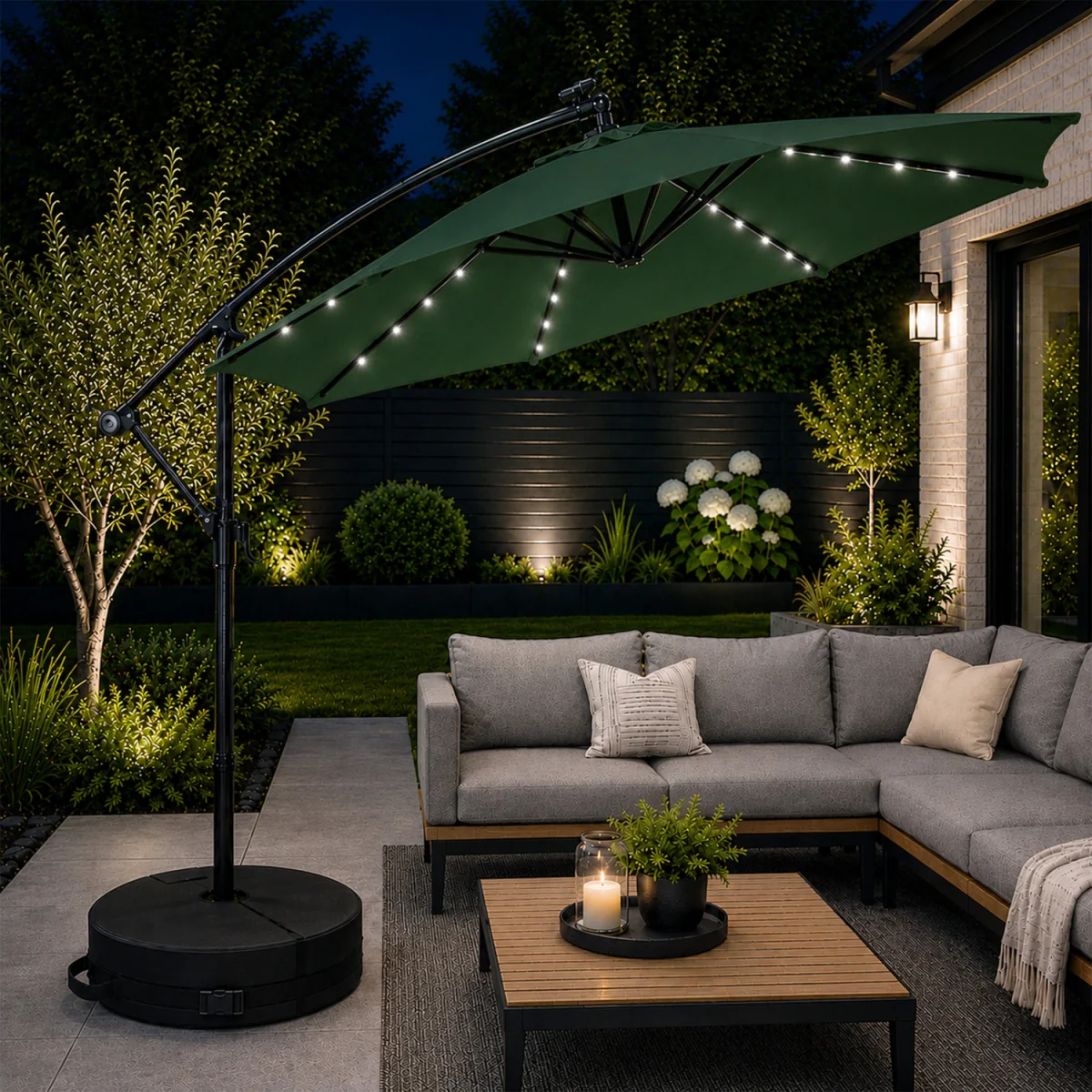 Solar Powered Cantilever Lit Parasol with Crank Handle & White LED Lights in Green with Base Bag - Green – image 1