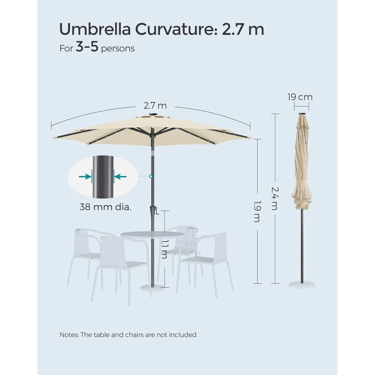 Garden Parasol with Solar-Powered LED Lights - Beige – image 2