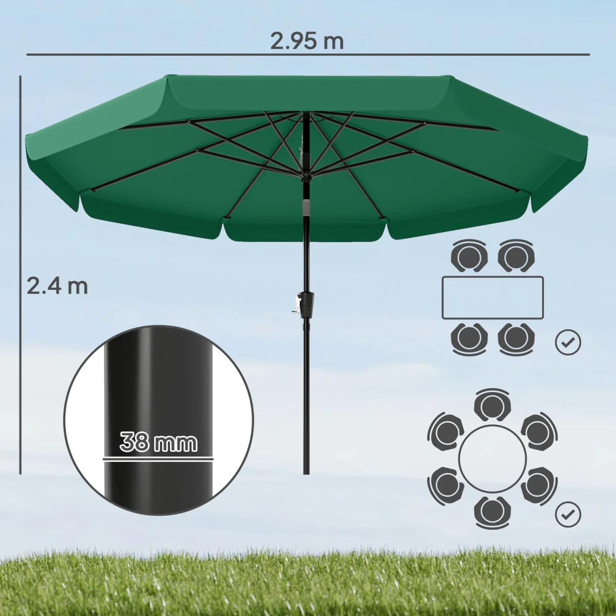 Outsunny 3 m Garden Parasol with Tilt & Crank, UPF30+ Outdoor Table Umbrella - Green – image 3