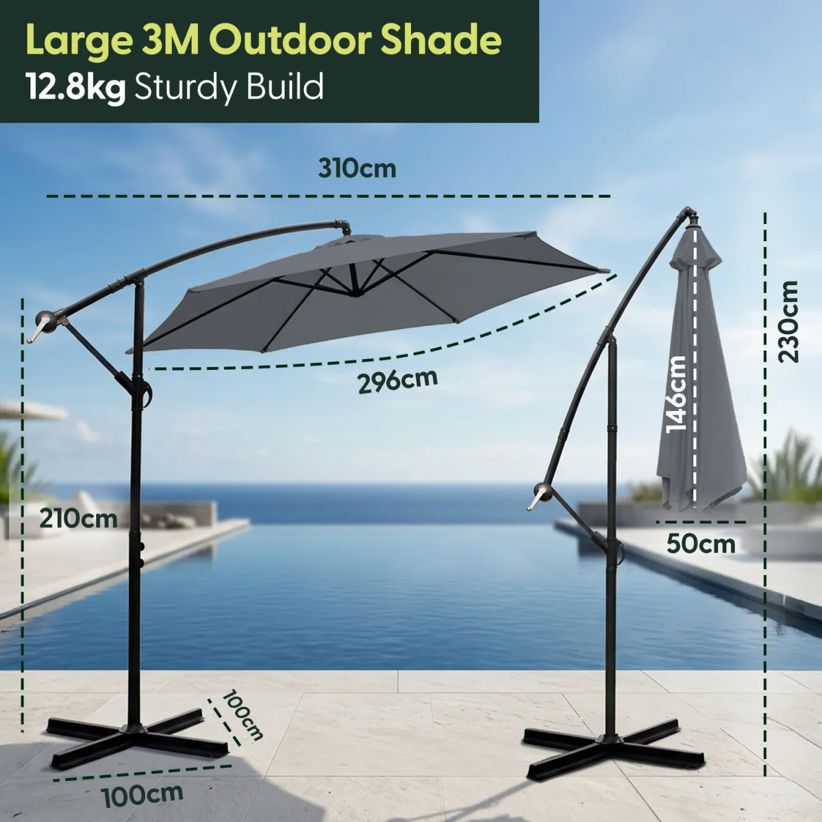 3M Cantilever Garden Parasol with Cover - Grey – image 8