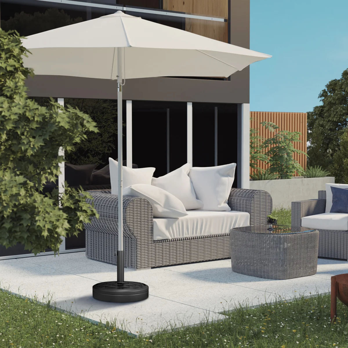 18kg Concrete Parasol Base with Rattan Effect Round Umbrella Stand - Black – image 1