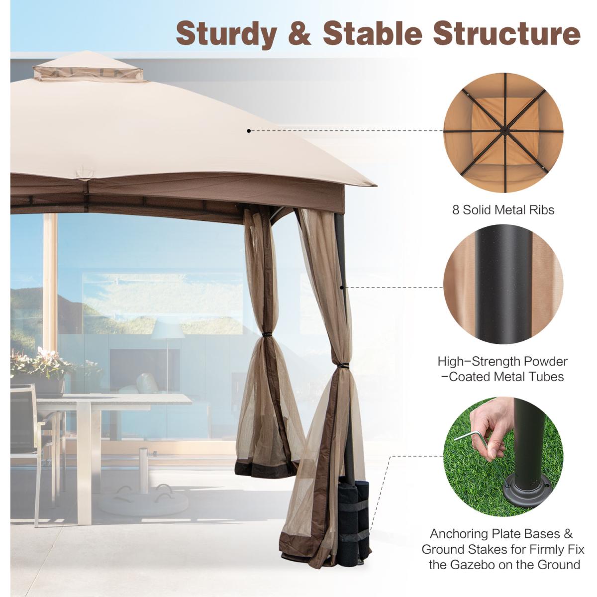 Costway Patio Gazebo Double Vent Canopy Gazebo - Khaki – image 4