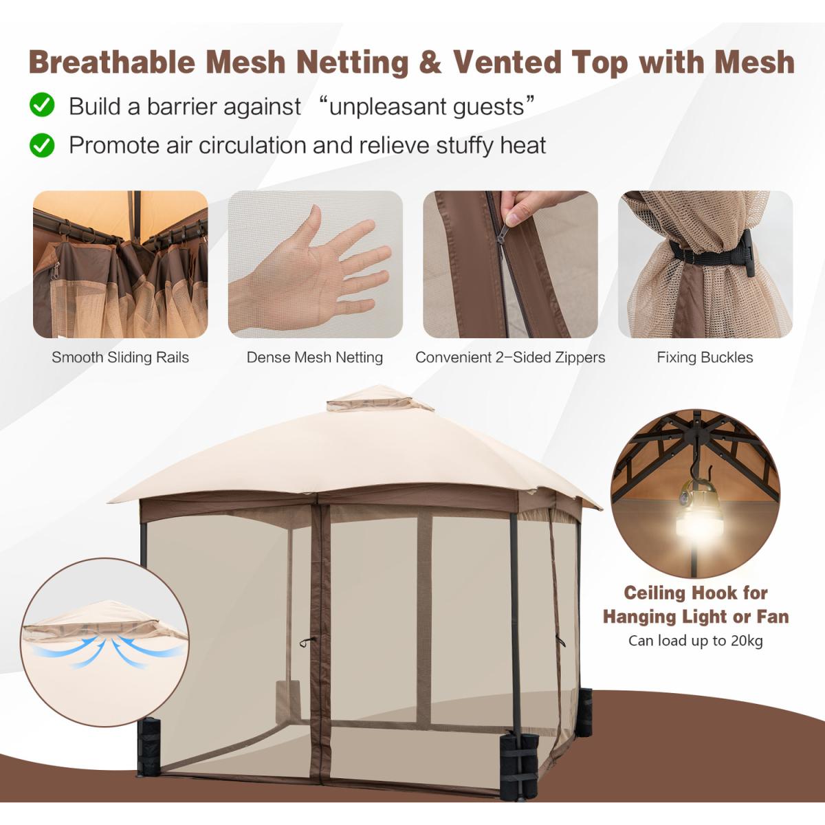 Costway Patio Gazebo Double Vent Canopy Gazebo - Khaki – image 5