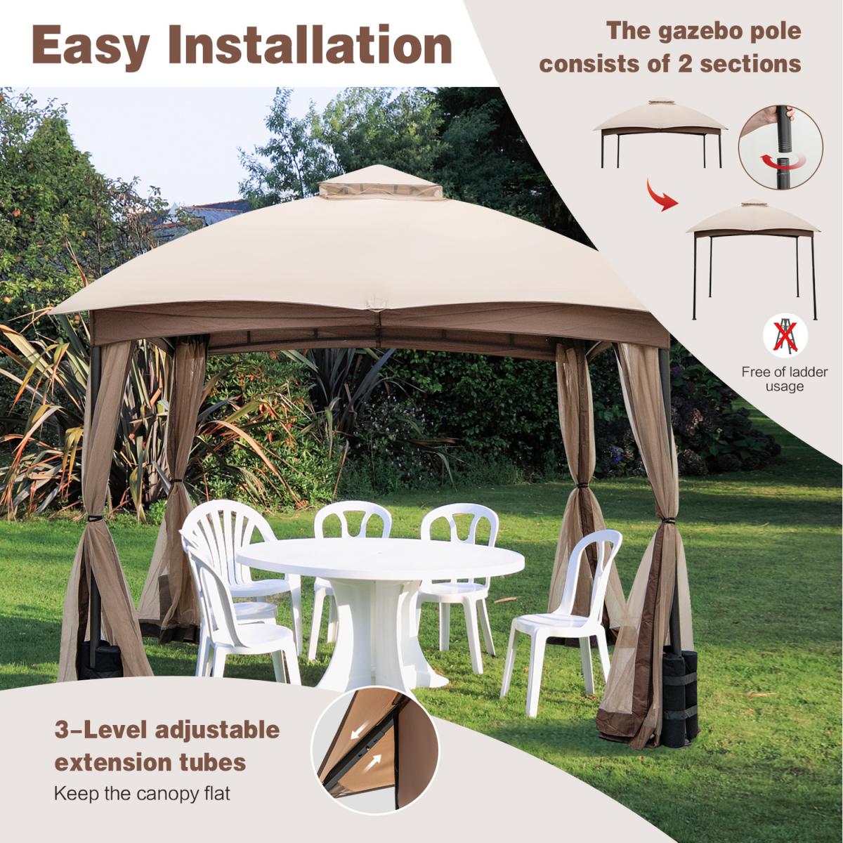 Costway Patio Gazebo Double Vent Canopy Gazebo - Khaki – image 7