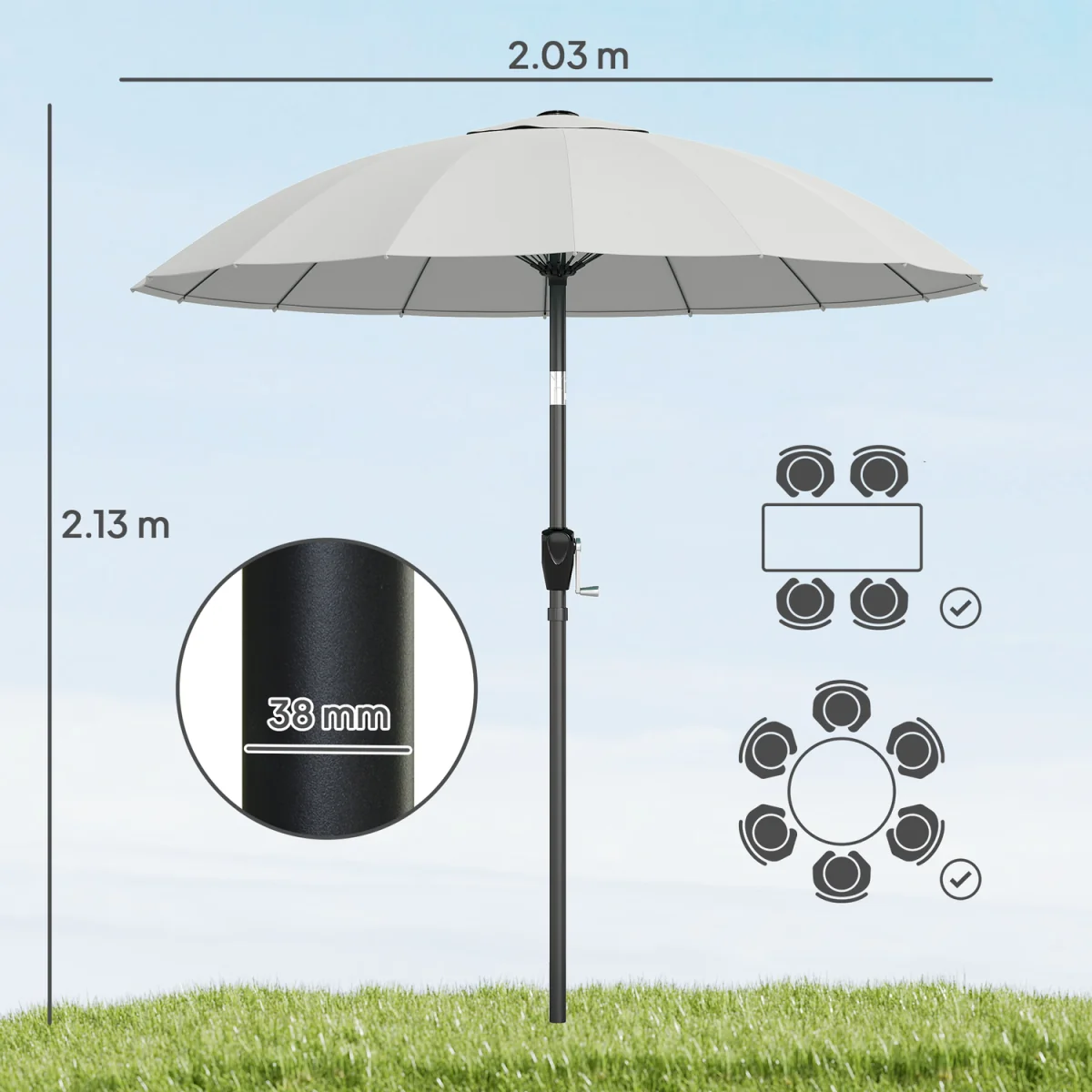Outsunny 2m Shanghai Garden Parasol Umbrella, Outdoor Sun Shade - Light Grey – image 4