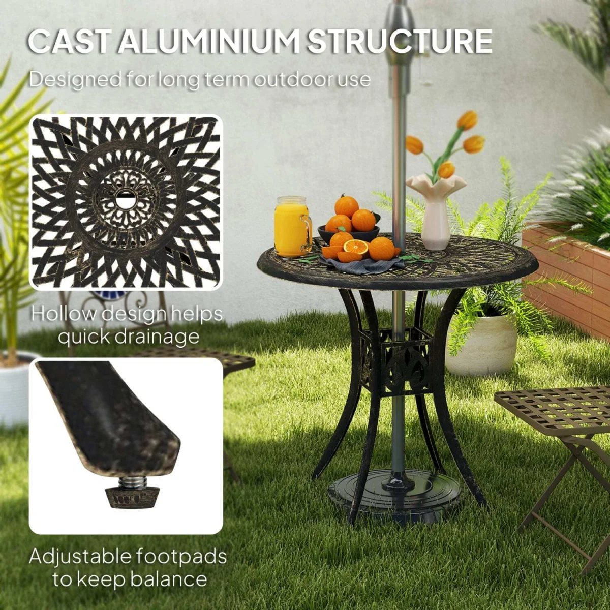 Kenofa Cast Aluminium Round Garden Dining Table with Parasol Hole - Bronze Tone – image 4