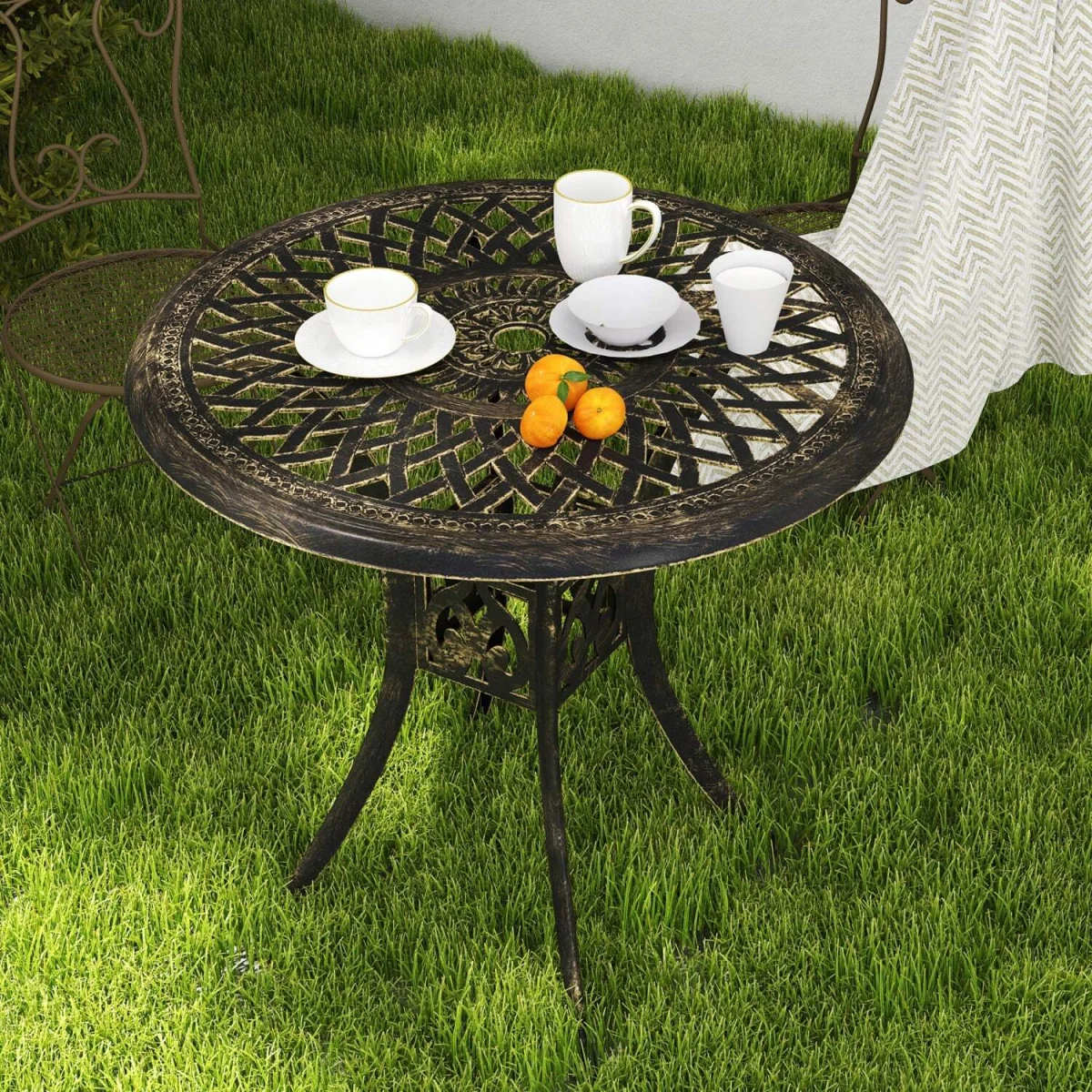 Kenofa Cast Aluminium Round Garden Dining Table with Parasol Hole - Bronze Tone – image 8