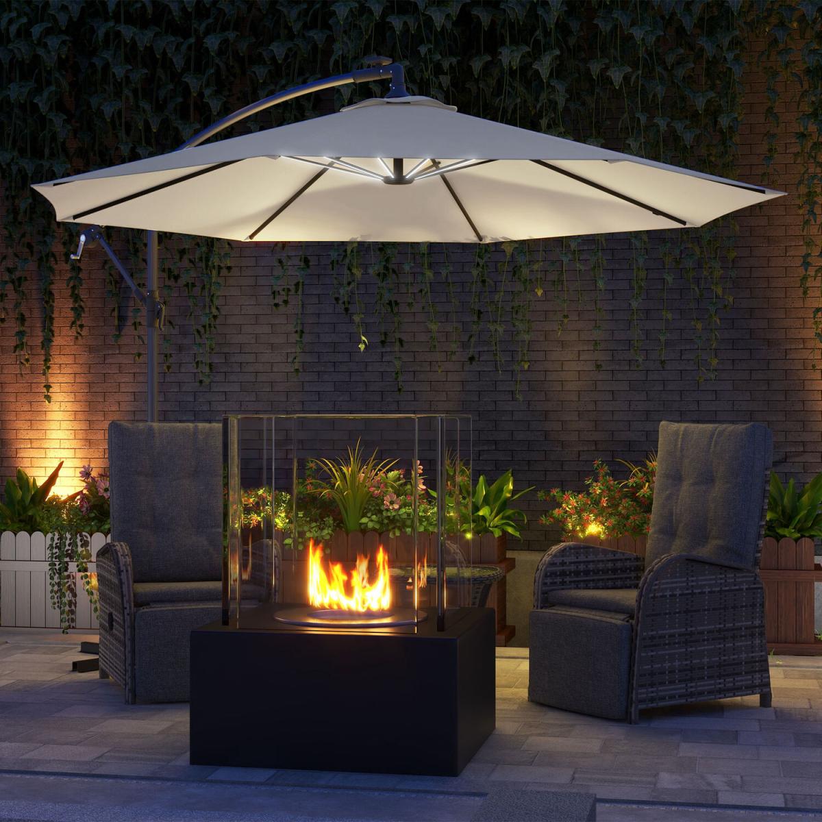 Outsunny 3m LED Patio Banana Parasol With Crank Cross Base - Cream White / Aluminium Polyester Steel