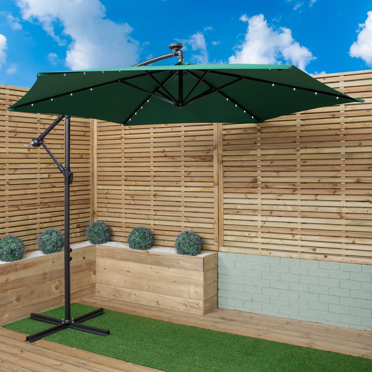 3m Solar Powered Cantilever Lit Banana Garden Parasol with Crank Handle & White LED Lights in Green - Green – image 5