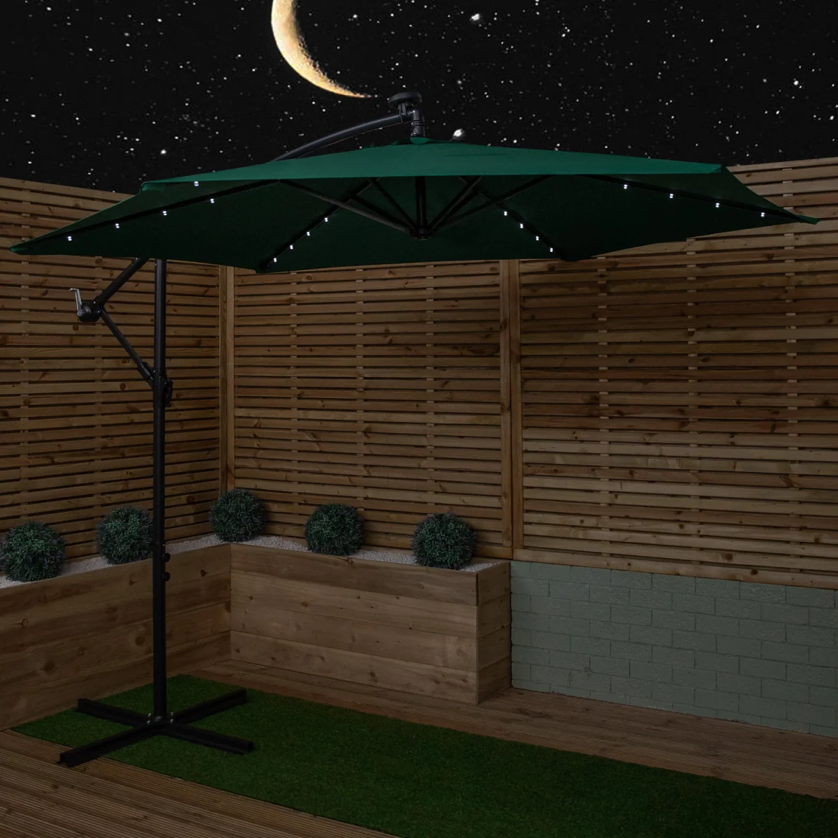 3m Solar Powered Cantilever Lit Banana Garden Parasol with Crank Handle & White LED Lights in Green - Green – image 6