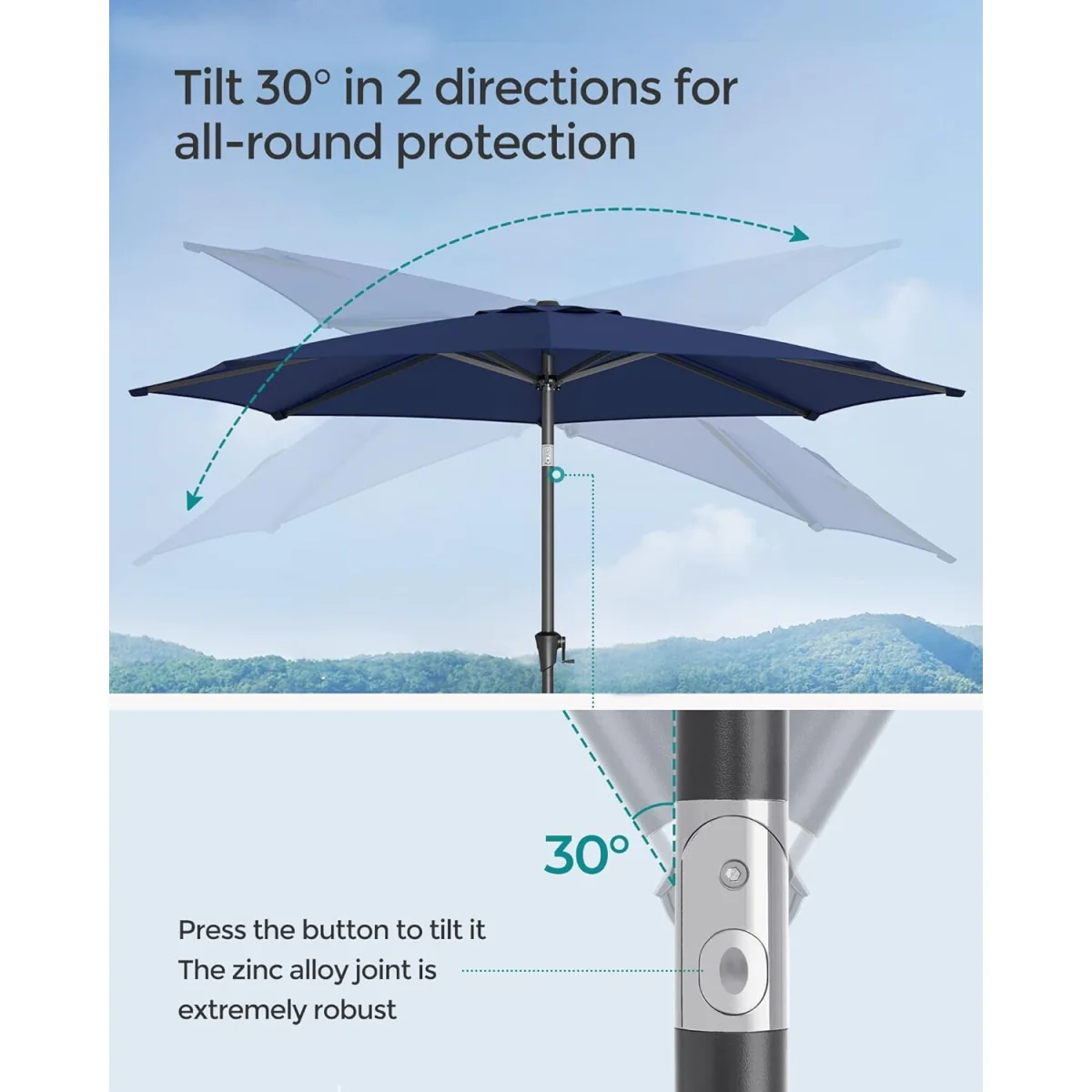 Double-Tilt Patio Sun Umbrella with Crank Opening System - Navy Blue – image 6
