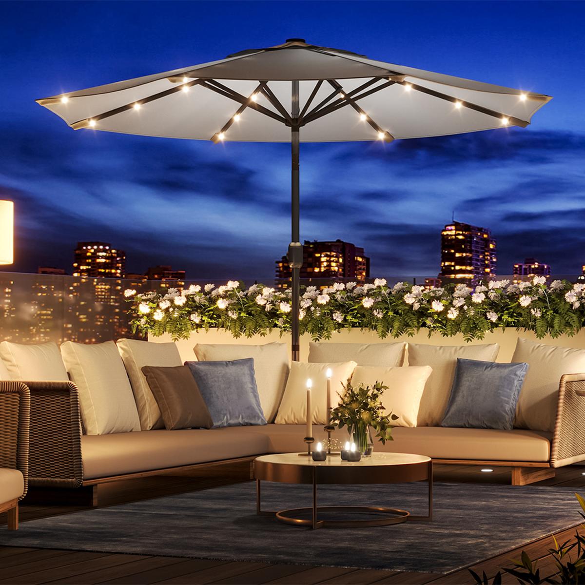 24 Solar Lights Garden Parasol Umbrella with Square Base - Light Grey – image 8