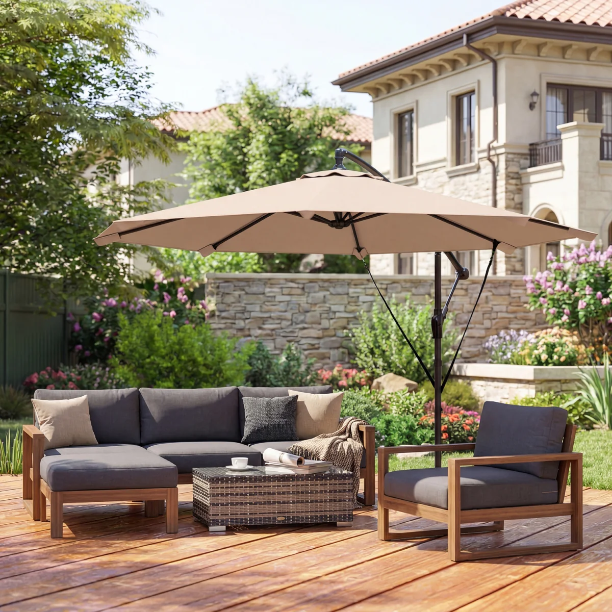 Outsunny 3 m Cantilever Parasol, Offset Umbrella with Cover and Wind Ropes - Khaki – image 12