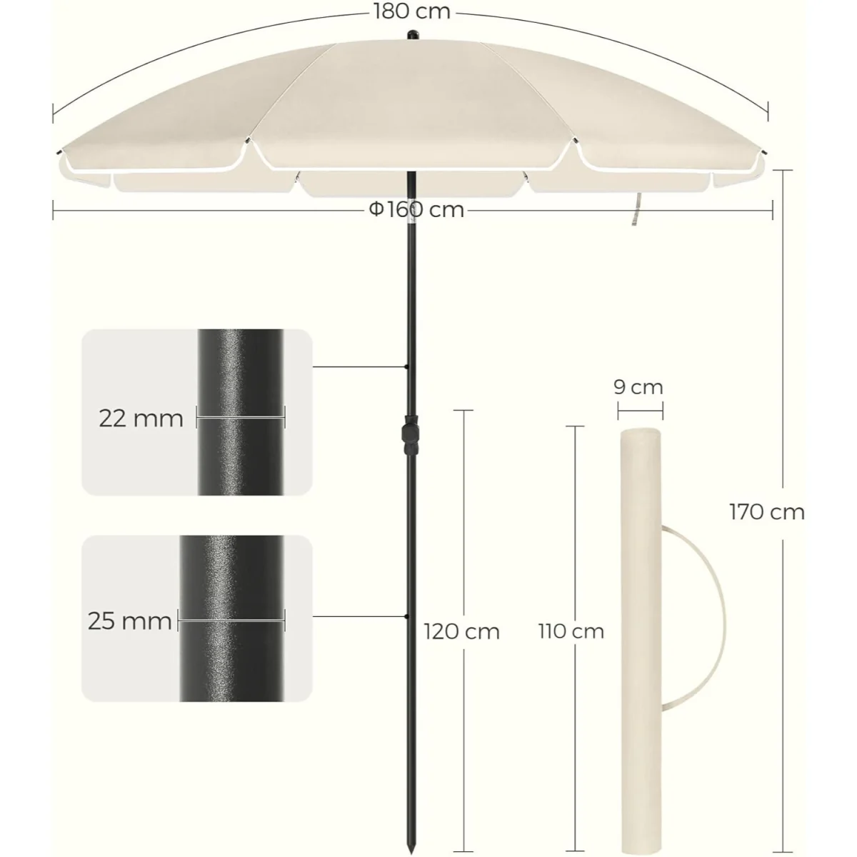 Beige Tilting Sunshade Parasol Umbrella with Carry Bag [Base Not Included] - Beige – image 2