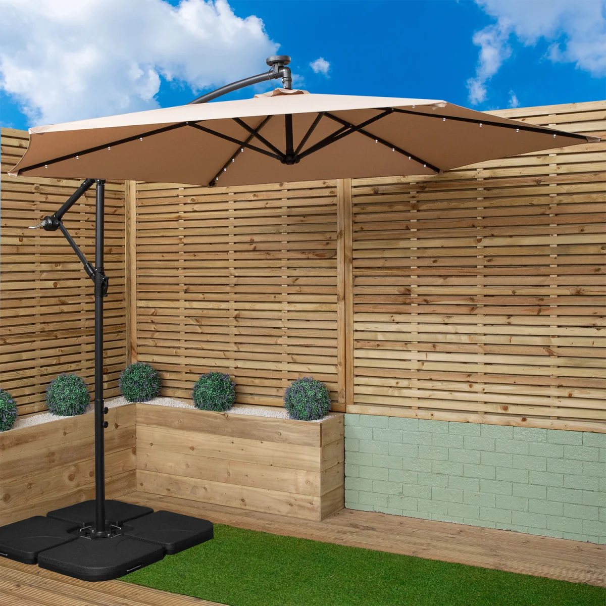 3m Solar Powered Lit Banana Cantilever Garden Parasol with LEDs & Base Weights Included in Beige - Beige – image 12