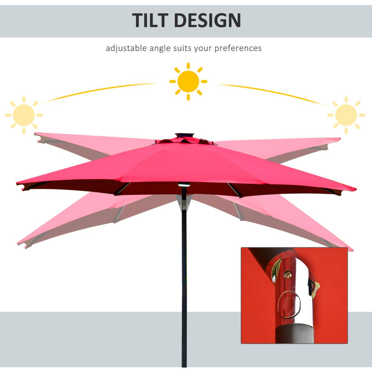 2.7m Garden Parasol Sun Umbrella with LED Solar Light - Red – image 2