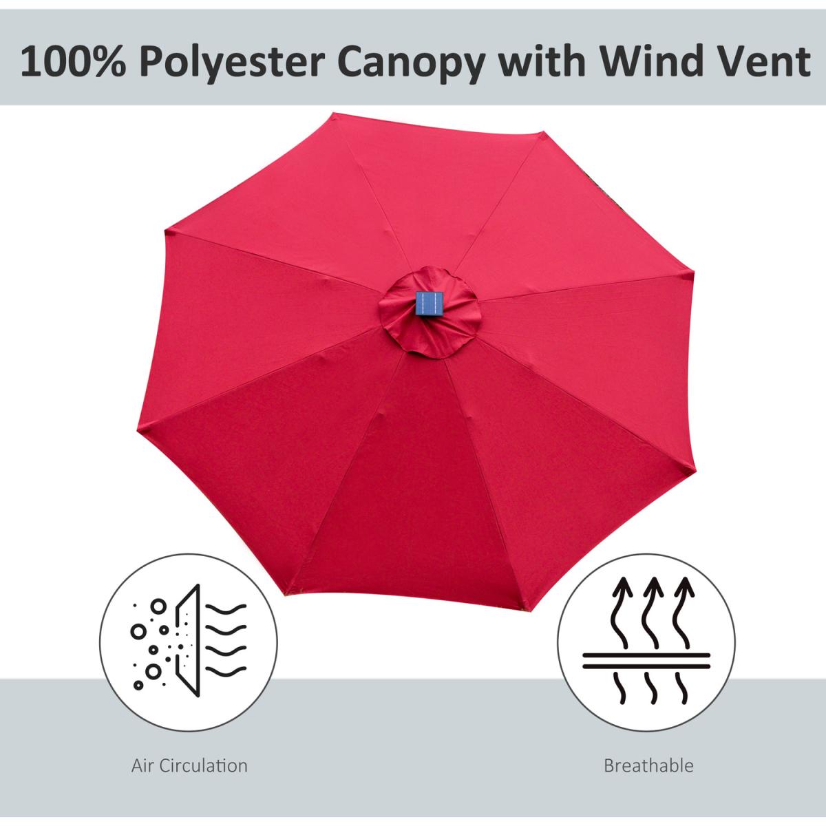 2.7m Garden Parasol Sun Umbrella with LED Solar Light - Red – image 3